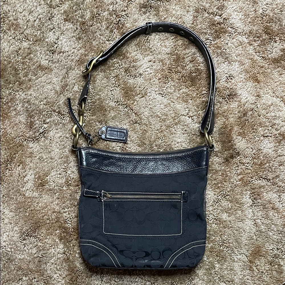 Coach womens black leather/canvas‎ monogram handbag/purse adjustable handle